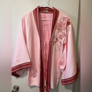 LALA Japanese Haori Crepe Kimono Jacket Embroidered Tunic Pink Beads Tie O/S